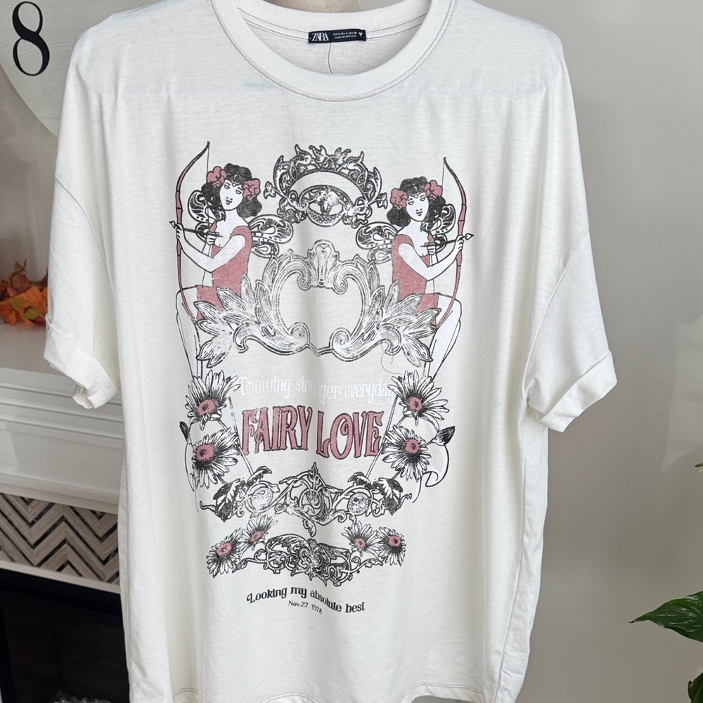Zara White Graphic Tee with Pink Accents